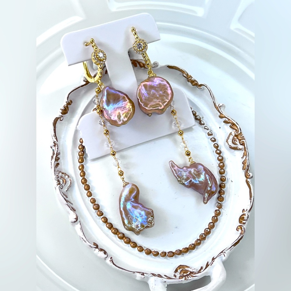 Handmade Freshwater Unicorn 🦄 Keshi Pearl Long Crystal Earrings S925 SS Poats - Picture 3 of 3